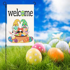 Tatuo 2 Pieces Easter Garden Flag 12 x 18 Inch Double Sided Burlap Yard Flags Holiday Rabbit Gnome House Flag Egg Spring Decorative Flag for Outdoor Decoration