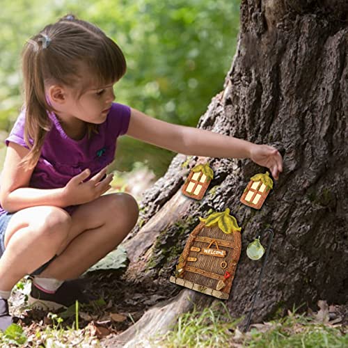 Fairy Door and Windows for Trees - Leaf Garden Gnomes Outdoor Decorations Kit, Yard Art Glow in The Dark, Miniature Fairy Garden Accessories Outdoor with Fairy Lantern