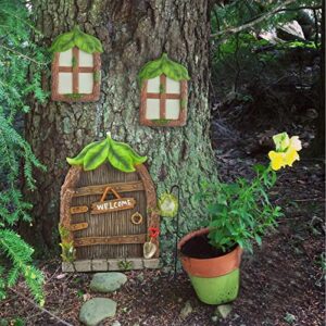 Fairy Door and Windows for Trees - Leaf Garden Gnomes Outdoor Decorations Kit, Yard Art Glow in The Dark, Miniature Fairy Garden Accessories Outdoor with Fairy Lantern