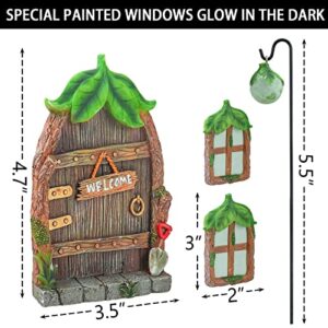 Fairy Door and Windows for Trees - Leaf Garden Gnomes Outdoor Decorations Kit, Yard Art Glow in The Dark, Miniature Fairy Garden Accessories Outdoor with Fairy Lantern