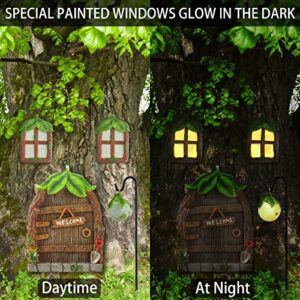 Fairy Door and Windows for Trees - Leaf Garden Gnomes Outdoor Decorations Kit, Yard Art Glow in The Dark, Miniature Fairy Garden Accessories Outdoor with Fairy Lantern