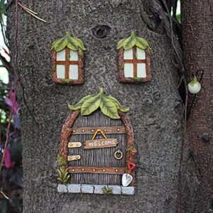 Fairy Door and Windows for Trees - Leaf Garden Gnomes Outdoor Decorations Kit, Yard Art Glow in The Dark, Miniature Fairy Garden Accessories Outdoor with Fairy Lantern