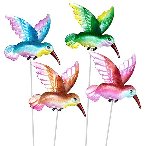 4 Pcs Hummingbird Garden Metal Stakes Set, 14 Inch Tall Hummingbird Garden Stakes Decor, Outdoor Garden Decor, Metal Bird Decorative Garden Stakes, for Lawn Pathway Patio Plant Pot Flower Bed (Bird)