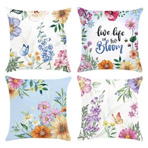 bonhause garden spring pillow covers 18×18 inch set of 4 live life in full bloom pillows case soft velvet for couch sofa patio garden decor