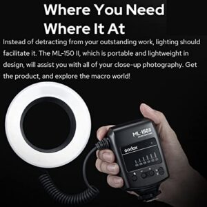 Godox ML-150II ML150II Macro LED Ring Flash Speedlite GN12 0.1-2s Recycle Time 5800K±200K for Sony Canon Nikon Fuji Olympus Panasonic DSLR Cameras for Video Production, Animal and Plant Photography