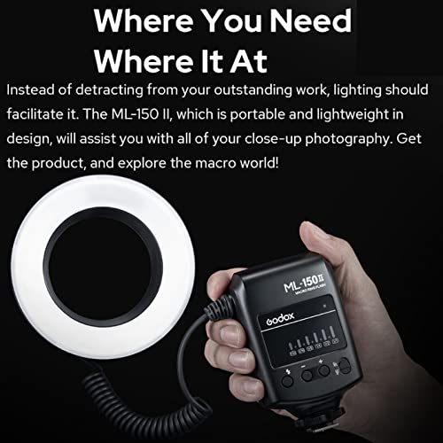 Godox ML-150II ML150II Macro LED Ring Flash Speedlite GN12 0.1-2s Recycle Time 5800K±200K for Sony Canon Nikon Fuji Olympus Panasonic DSLR Cameras for Video Production, Animal and Plant Photography