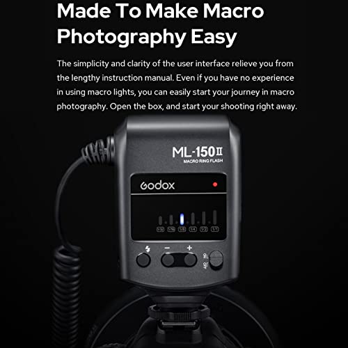 Godox ML-150II ML150II Macro LED Ring Flash Speedlite GN12 0.1-2s Recycle Time 5800K±200K for Sony Canon Nikon Fuji Olympus Panasonic DSLR Cameras for Video Production, Animal and Plant Photography