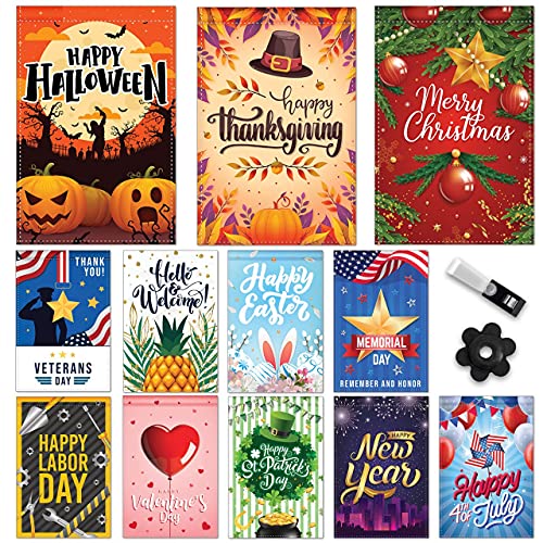 Seasonal Garden Flag Set , 12 Pack , 12 x 18 Inches , Double Sided , Yard Flags , Garden Flag Set , Small Garden Flags , Holiday Garden Flags , Outdoor Garden Flags , Free AntiWind Clip & Stopper