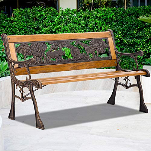 Hkeli Park Garden Bench Terrace Outdoor Children's Bench Metal Solid Wood Bench with armrests, Suitable for Park Yard Terrace Lawn Terrace, Bronze