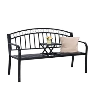 letkind 59″ outdoor patio bench w/pullout middle table garden metal benches double seat porch bench, cast tube steel frame outside black bench for backyard, park, deck, lawn