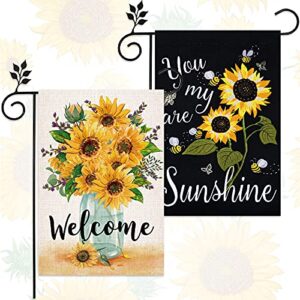 2 Pieces Sunflower Welcome Garden Flag Flower Vase Burlap Vertical Double Sided Sunflower Yard Flag Floral Bee Seasonal Flag for Outdoor Yard Lawn Home Decoration