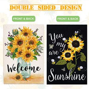 2 Pieces Sunflower Welcome Garden Flag Flower Vase Burlap Vertical Double Sided Sunflower Yard Flag Floral Bee Seasonal Flag for Outdoor Yard Lawn Home Decoration