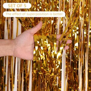 5 Pack Gold Fringe Backdrop 3.2ft x 8.2ft Foil Curtain Tinsel Foil Fringe Curtains Backdrop Tinsel Backdrop Streamers for Birthday Curtain Party Decoration Wedding Christmas Decoration (Gold)