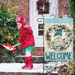 ORTIGIA Welcome Christmas Winter Gnome Garden Flag Burlap Vertical Double Sided Pine Needles Cones Wreath Garden Flag Coffee Cup Holiday Seasonal Farmhouse Outdoor Small Burlap Decoration 12x18Inch