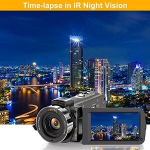 Video Camera Camcorder UHD 2.7K 30FPS 36MP IR Night Version Vlogging Camera Recorder 3.0 Inch Touch Screen 16X Digital Zoom Camera with Microphone, Handheld Stabilizer, Lens Hood, Remote, 2 Batteries