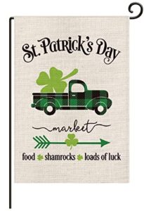 happy st patrick’s buffalo plaid truck garden flag vertical double sided, lucky clover shamrock arrow loads of luck yard outdoor decoration 12.5 x 18 inch-l35
