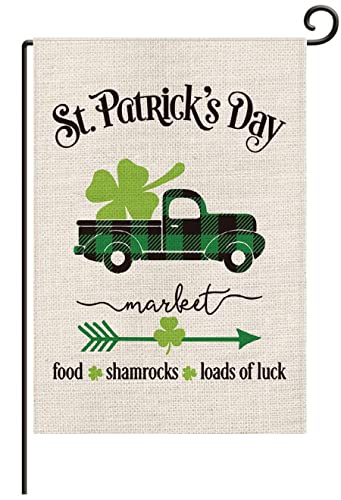 Happy St Patrick's Buffalo Plaid Truck Garden Flag Vertical Double Sided, Lucky Clover Shamrock Arrow Loads of Luck Yard Outdoor Decoration 12.5 x 18 Inch-L35