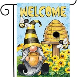 BUYITO Welcome to Our Bee Garden Flag, Gnome Spring Summer Farmhouse Fall Yard Outdoor Daisy Decoration Vertical Double Sided Garden Banner Floral Hive Farmhouse Burlap Outdoor Welcome Flag 12 x 18 Inch