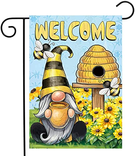 BUYITO Welcome to Our Bee Garden Flag, Gnome Spring Summer Farmhouse Fall Yard Outdoor Daisy Decoration Vertical Double Sided Garden Banner Floral Hive Farmhouse Burlap Outdoor Welcome Flag 12 x 18 Inch