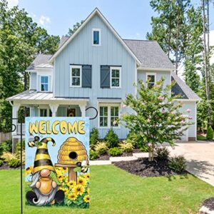 BUYITO Welcome to Our Bee Garden Flag, Gnome Spring Summer Farmhouse Fall Yard Outdoor Daisy Decoration Vertical Double Sided Garden Banner Floral Hive Farmhouse Burlap Outdoor Welcome Flag 12 x 18 Inch