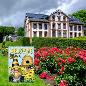 BUYITO Welcome to Our Bee Garden Flag, Gnome Spring Summer Farmhouse Fall Yard Outdoor Daisy Decoration Vertical Double Sided Garden Banner Floral Hive Farmhouse Burlap Outdoor Welcome Flag 12 x 18 Inch