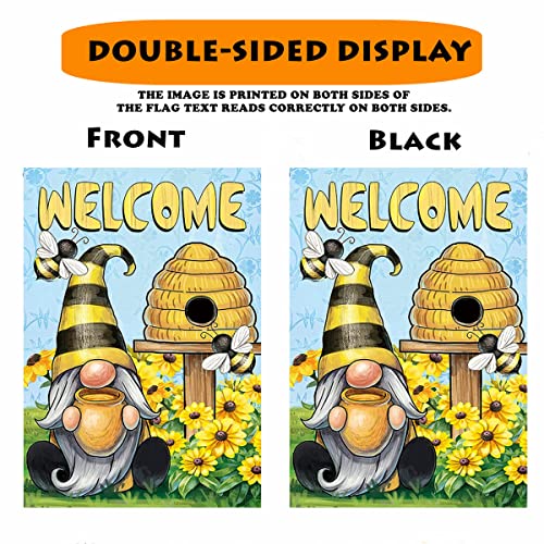 BUYITO Welcome to Our Bee Garden Flag, Gnome Spring Summer Farmhouse Fall Yard Outdoor Daisy Decoration Vertical Double Sided Garden Banner Floral Hive Farmhouse Burlap Outdoor Welcome Flag 12 x 18 Inch