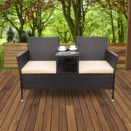 Tuoze Outdoor Patio Loveseats, Wicker Conversation Furniture Sets with Coffee Table for Garden Lawn Polish Backyard and Bistro (Beige)