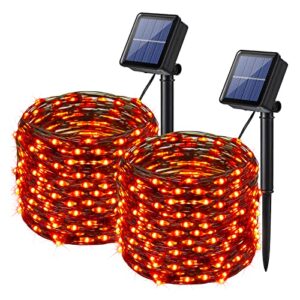 lomotech 2 pack halloween lights, 33ft 100led orange solar string lights with 8 modes, waterproof solar fairy lights for patio, garden, yard, party, halloween outdoors decorative