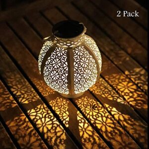 WSgift 2 Pack Hanging Solar Lantern Metal LED Table Lamp Outdoor Solar Hollow-Out Lights with Handle, 6 lumens, 6 x 6 x 6.7 Inch, White