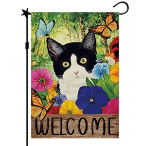 cmegke spring welcome cat butterfly floral garden flag, spring summer cat flags, spring summer flags summer spring rustic vertical double sided burlap cat butterfly floral home holiday party farmhouse yard lawn outside decorations 12.5 x 18 in