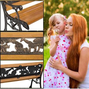 Ckofgdsue Garden Bench for Kids Park Chair with Cast Iron Handrail & Wood Lath Lion Giraffe Elephant Carved Little Patio Bench Outdoor for Yard Porch