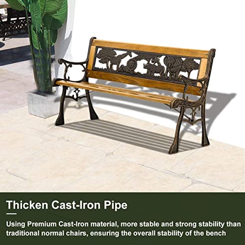 Ckofgdsue Garden Bench for Kids Park Chair with Cast Iron Handrail & Wood Lath Lion Giraffe Elephant Carved Little Patio Bench Outdoor for Yard Porch