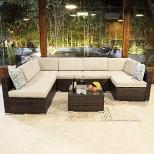 yitahome 8 piece outdoor patio furniture sets, garden conversation wicker sofa set, and patio sectional furniture sofa set with coffee table and cushion for lawn, backyard, and poolside, brown
