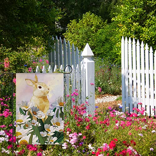 WODISON Easter Garden Flag Welcome Bunny Daisy, Water Color Double Sided 12x18 Inch Burlap For Yard Outdoor Home Decoration Banner (Only Flag)