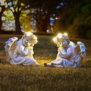 Juliahestia Angel Statue Garden Decor for Outside Solar Outdoor Decorations Cherub for Christmas Yard Porch Home Lawn Gifts (2pcs) Light up Figurine Memorial with Halo