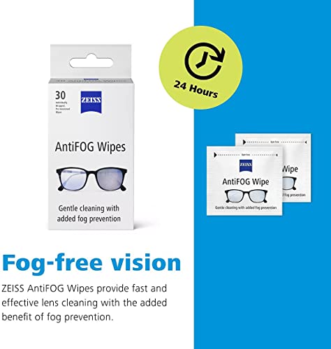 ZEISS Anti-Fog Lens Wipes, Pre-Moistened, Individually Wrapped Defogger Wipes for Coated Lenses, Binoculars, Scopes, Cameras, and Glasses, 30 Count