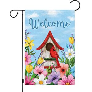 welcome spring garden flag 12×18 double sided vertical, burlap small birdhouse floral garden yard house flags outside outdoor house spring summer decoration (only flag)