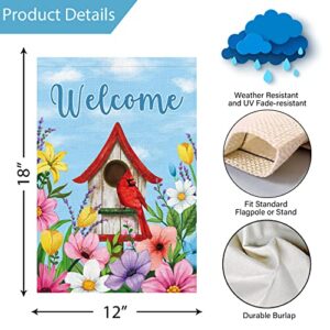 Welcome Spring Garden Flag 12x18 Double Sided Vertical, Burlap Small Birdhouse Floral Garden Yard House Flags Outside Outdoor House Spring Summer Decoration (ONLY FLAG)