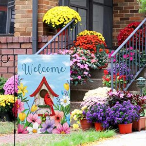 Welcome Spring Garden Flag 12x18 Double Sided Vertical, Burlap Small Birdhouse Floral Garden Yard House Flags Outside Outdoor House Spring Summer Decoration (ONLY FLAG)
