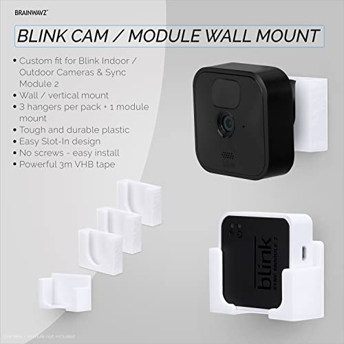 BRAINWAVZ Adhesive Blink Outdoor & Indoor Wall Mount, 3+1 Pack with Sync Module Camera Holder, No Hassle Installation, No Screws, Easy to Install, No Mess Bracket Stand, (White)