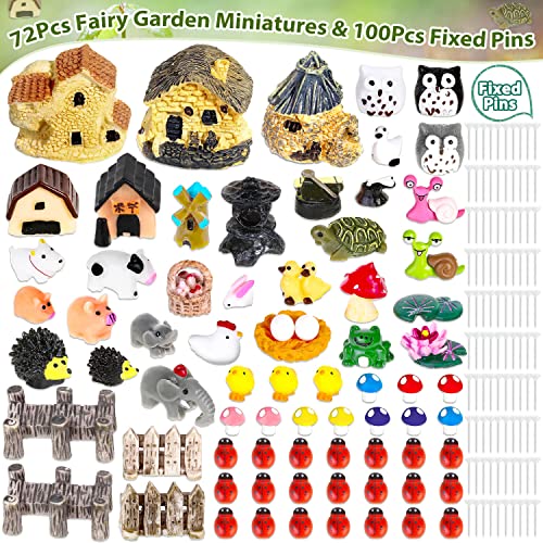 Modacraft 172Pcs Miniature Fairy Garden Accessories Including 100Pcs Fixed Pins, Fairy Garden Kit Fairy House Animal Figurines Mini Landscape for Garden Dollhouse Potted Plant Bonsai Terrarium Décor