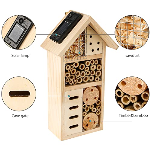 antiai Wooden Multi Insect Bee Butterfly House with Light,Solar Lighting Insect House Hotel,an Outdoor Hanging Bamboo Habitat for Mason Bee Butterfly Ladybugs Live,Bee Box,Butterfly Habitat for Garden