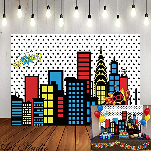 Art Studio 5x3ft Superhero Super City Photography Backdrops Skyline Buildings City Boom Photo Background Children Birthday Party Banner Photo Studio Booth Cake Table Decor Vinyl