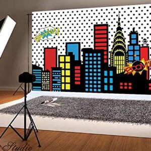 Art Studio 5x3ft Superhero Super City Photography Backdrops Skyline Buildings City Boom Photo Background Children Birthday Party Banner Photo Studio Booth Cake Table Decor Vinyl