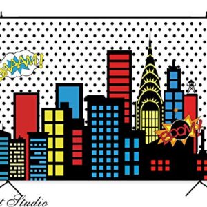 Art Studio 5x3ft Superhero Super City Photography Backdrops Skyline Buildings City Boom Photo Background Children Birthday Party Banner Photo Studio Booth Cake Table Decor Vinyl