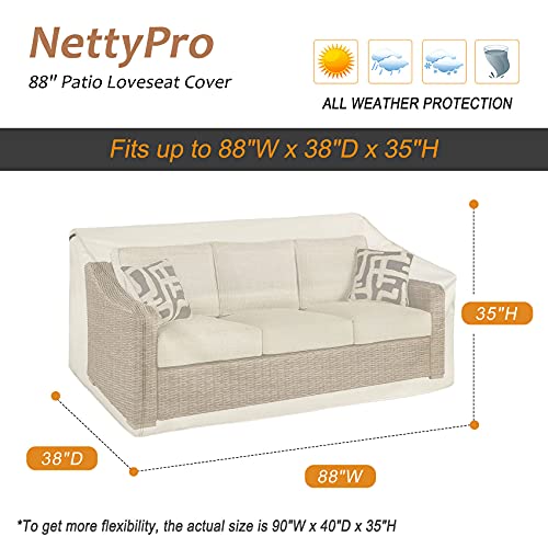 NettyPro Outdoor Sofa Cover Waterproof 3-Seater Patio Couch Cover, Patio Furniture Deep Lounge Sofa Covers with Air Vent and Handle, 88" W x 38" D x 35" H, Beige