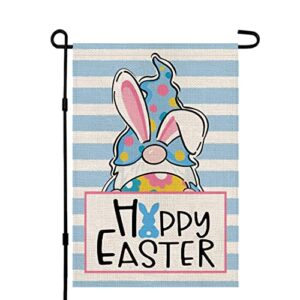 happy easter gnome garden flag double sided vertical burlap 12×18 inch holiday stripes banners, spring rustic farmhouse yard outdoor decoration df025