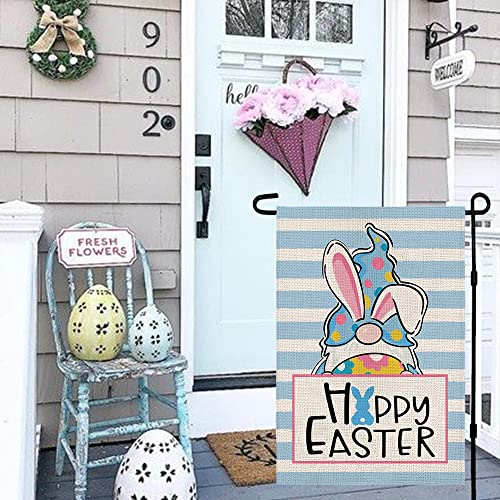 Happy Easter Gnome Garden Flag Double Sided Vertical Burlap 12×18 Inch Holiday Stripes Banners, Spring Rustic Farmhouse Yard Outdoor Decoration DF025