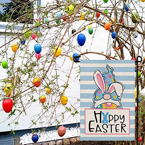 Happy Easter Gnome Garden Flag Double Sided Vertical Burlap 12×18 Inch Holiday Stripes Banners, Spring Rustic Farmhouse Yard Outdoor Decoration DF025