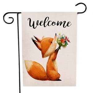welcome garden flag cute little fox with floral bouqet double sided decorative small yard decor flags 12 x 18 inch